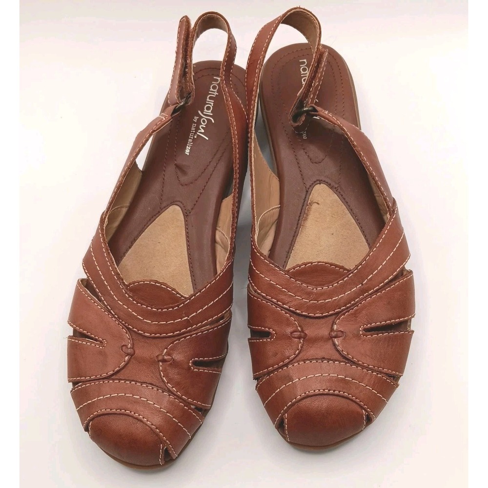 Natural Soul Brown Leather Slingback Peep Toe Sandals Women's Size 8.5M‎